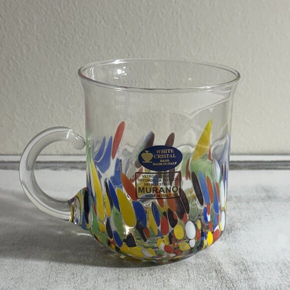 Murano Venetian White Crystal Confetti Studio Art Glass Mug Hand Blown Italy New - Picture 5 of 13